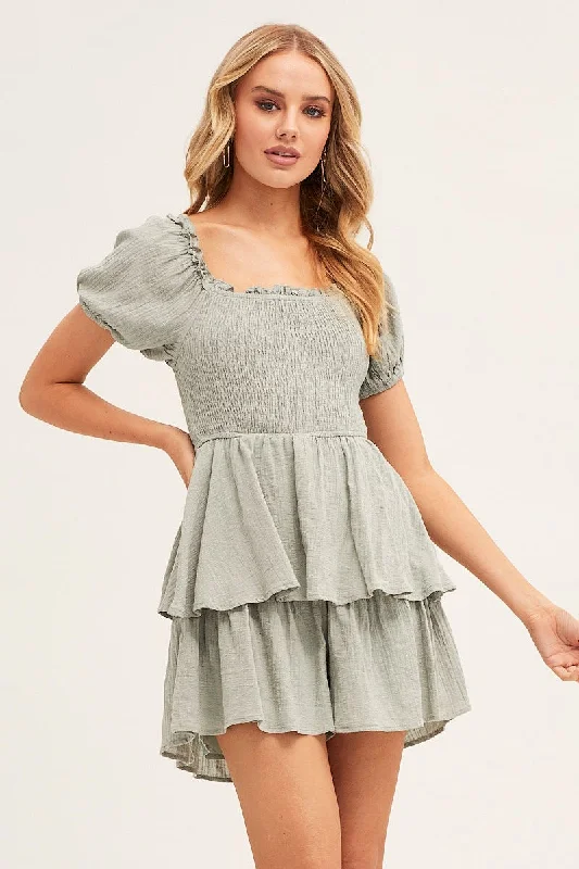 Seasonal Trends Green Short Sleeve Textured Cotton Shirred Playsuit