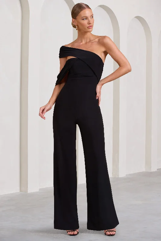 Trendy Attire For Her Candy | Black Asymmetric One Shoulder Ruched Jumpsuit