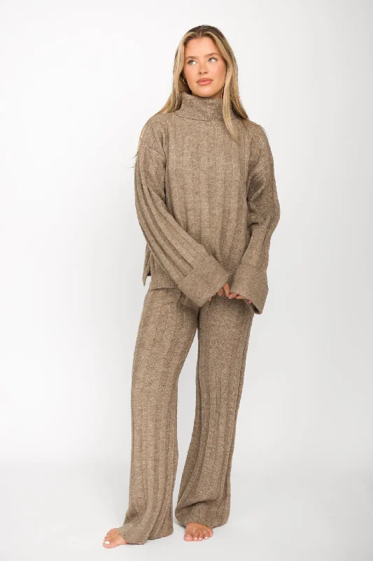 Special Occasion Wear Kai Thick Ribbed Knit Two Piece Sweater Set in Taupe