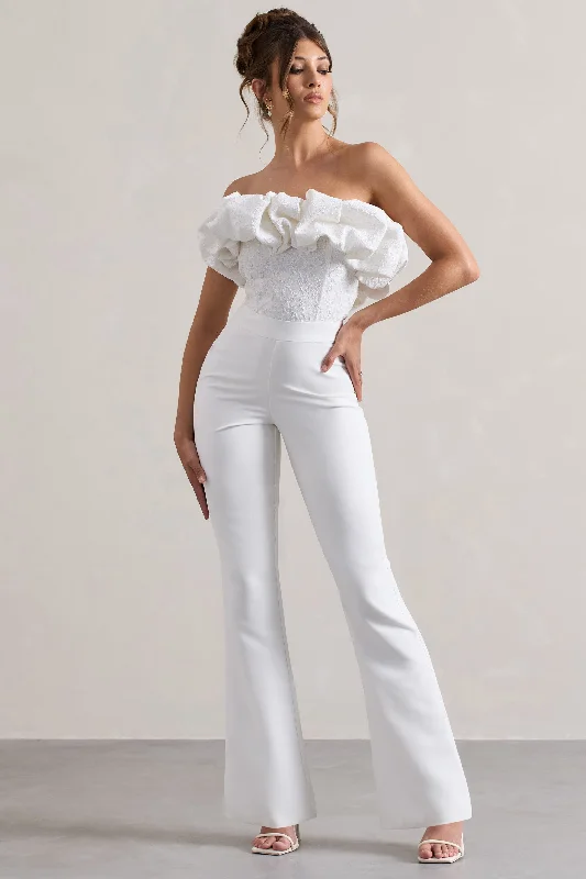 Classic Women's Fashion Maddox | White Strapless Ruffled Flared-Leg Jumpsuit