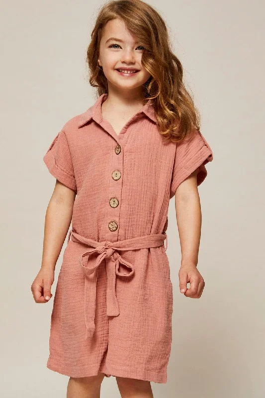 Limited Time Brown Kids Button Front Textured Playsuit