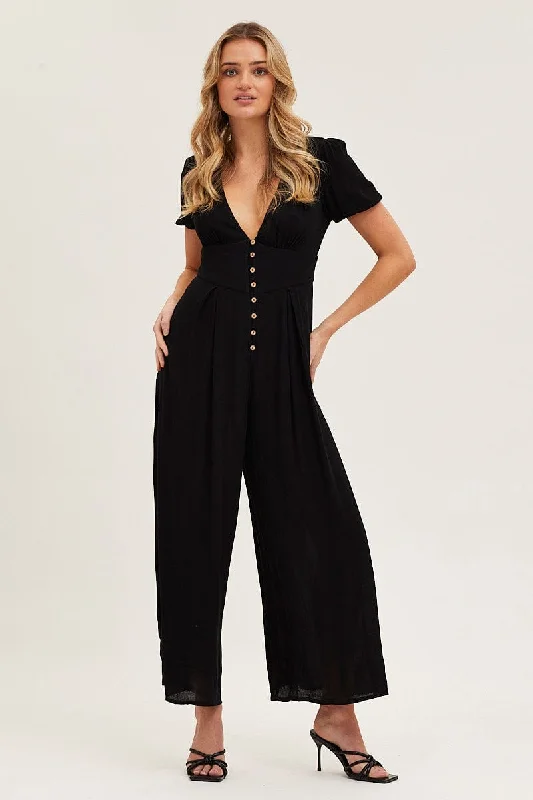 Disco - Inspired Retro Dance Look Black Jumpsuit Long Sleeve V Neck