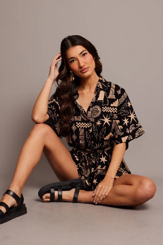 Spring Wardrobe Black Abstract Oversized Playsuit