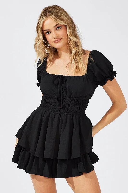 Big Savings Black Ruffle Playsuit Short Sleeve Ruched Bust