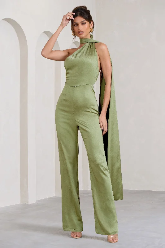 Fashion Frontiers Cascada | Olive Green Satin Wide Leg Jumpsuit With Statement Scarf Neck