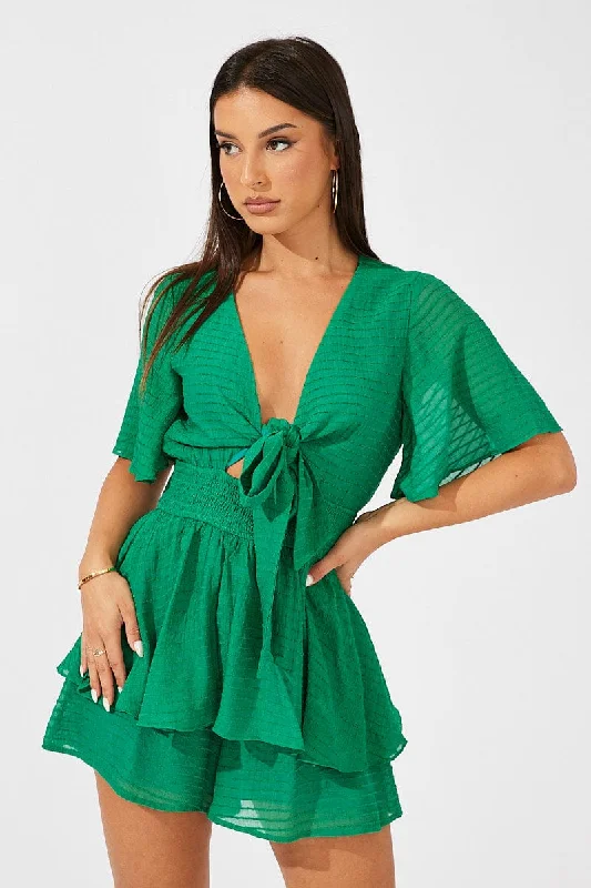 Fashion For Every Occasion Green Playsuit Tie Front Wing Sleeve