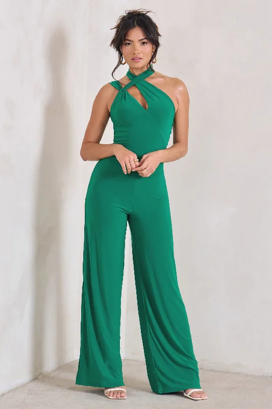 Chic And Edgy Tilly | Green Cut Out Halterneck Asymmetrical Jumpsuit