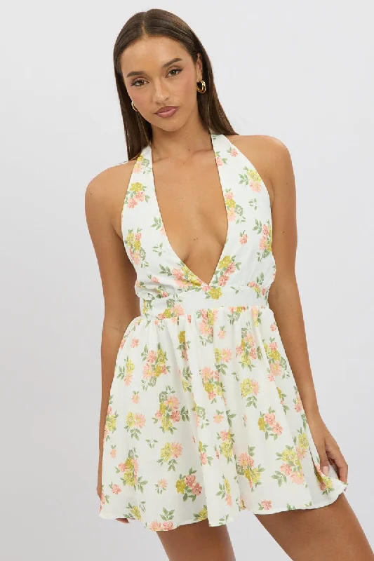 Big Discounts White Floral Playsuit Halter Neck