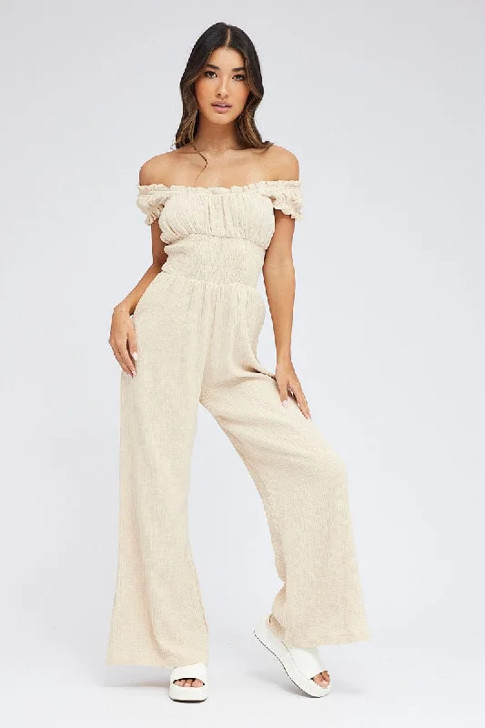 Trending Items Beige Jumpsuit Short Sleeve Off Shoulder Shirred Cotton