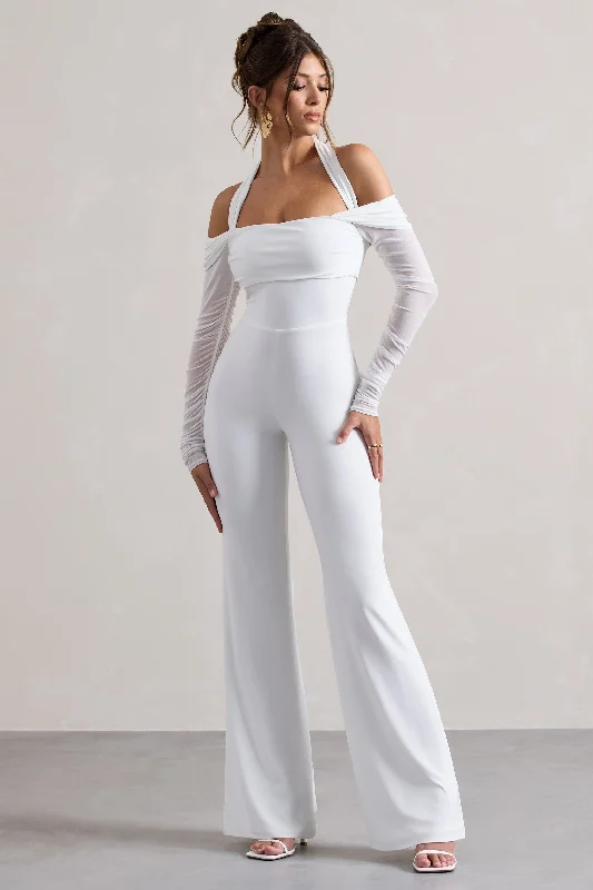 Trendy Fashion for Women Shannon | White Ruched Halter-Neck Flared-Leg Jumpsuit