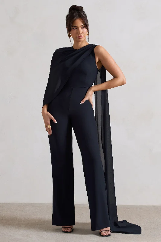 Premium Fashion Malina | Navy Straight-Leg Jumpsuit With Chiffon Cape