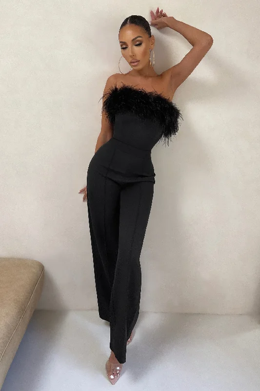 Trend Alert First Class | Black Petite Bandeau Feather Wide Leg jumpsuit