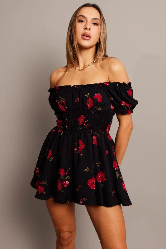 Luxe Layering Black Floral Ruffle Playsuit Short Sleeve