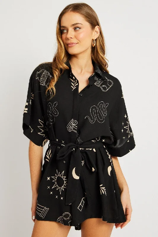 Spring Fashion Black Abstract Oversized Playsuit