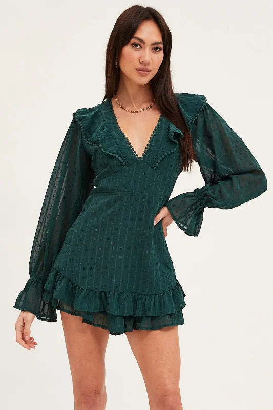 Stylish Looks Green Playsuit Long Sleeve V Neck