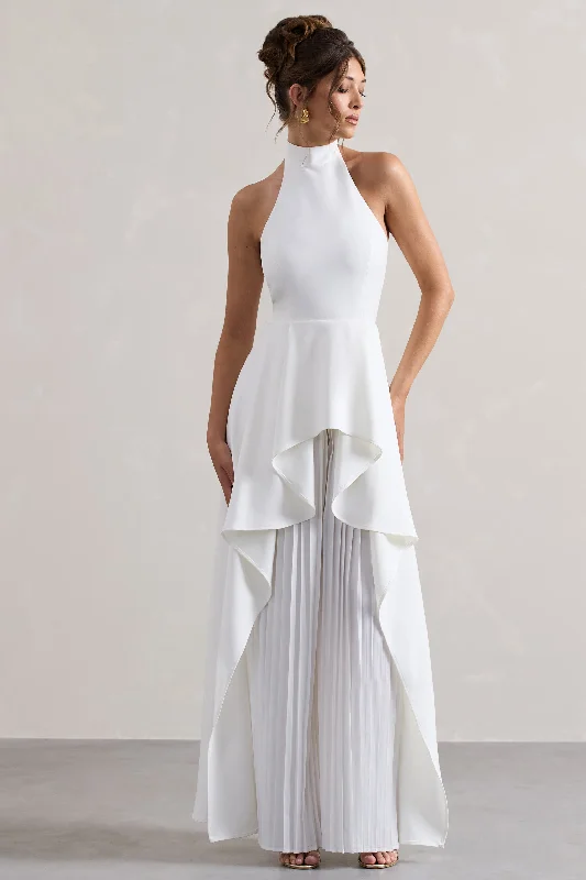 Casual Chic Ashwood | White Plisse High-Neck Cape Jumpsuit