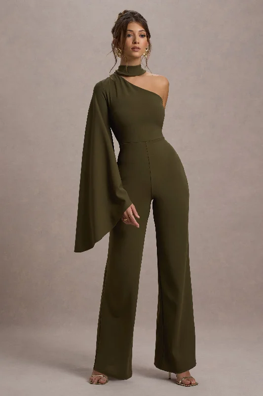 Graceful Cut Fenix | Khaki Asymmetric Cape-Sleeve Straight-Leg Jumpsuit