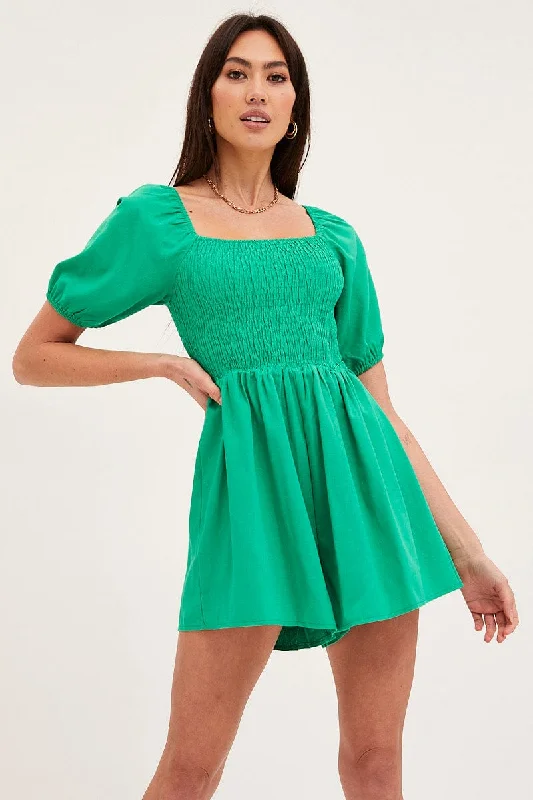 Limited Time Special Offer Green Playsuit Short Sleeve Square Neck