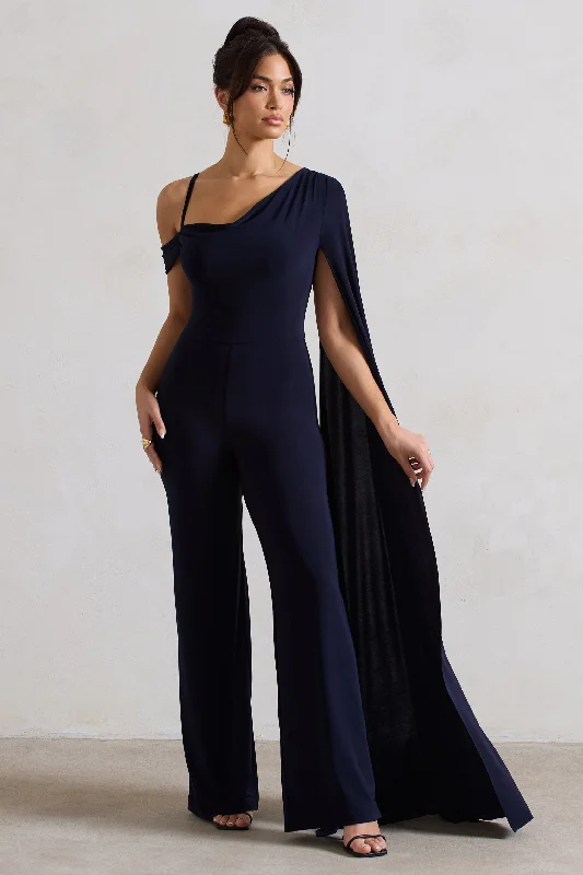 Budget-Friendly Fashion Jelena | Navy Asymmetric Draped Straight-Leg Jumpsuit With Cape Sleeve