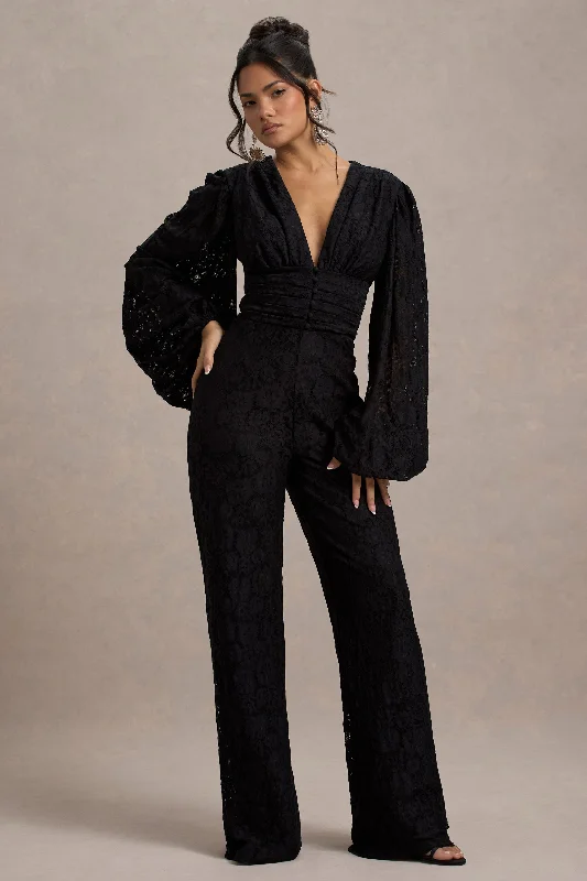 Statement Piece Calamina | Black Lace Plunge-Neck Wide-Leg Jumpsuit