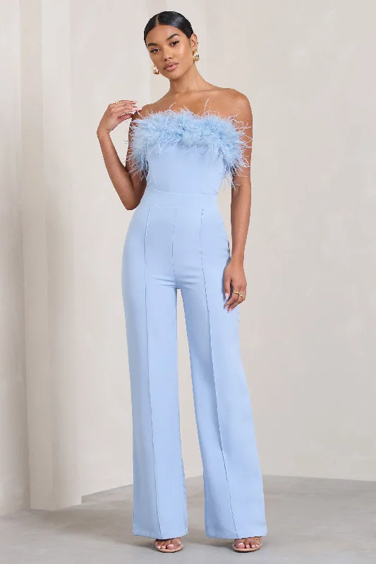 Stylish Savings First Class | Blue Bandeau Feather Wide Leg jumpsuit