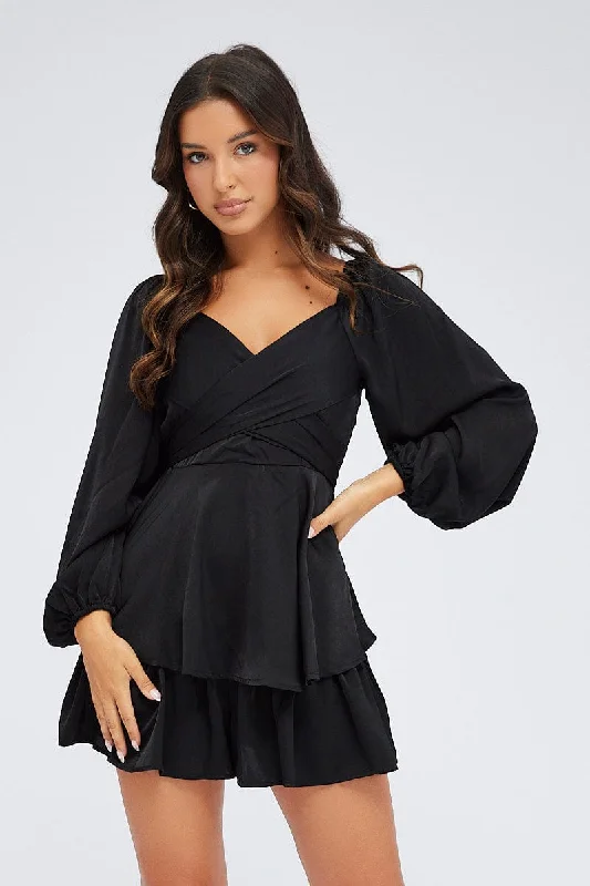 Limited Stock Black Playsuit Long Sleeve V-Neck Waist Tie Matte Satin