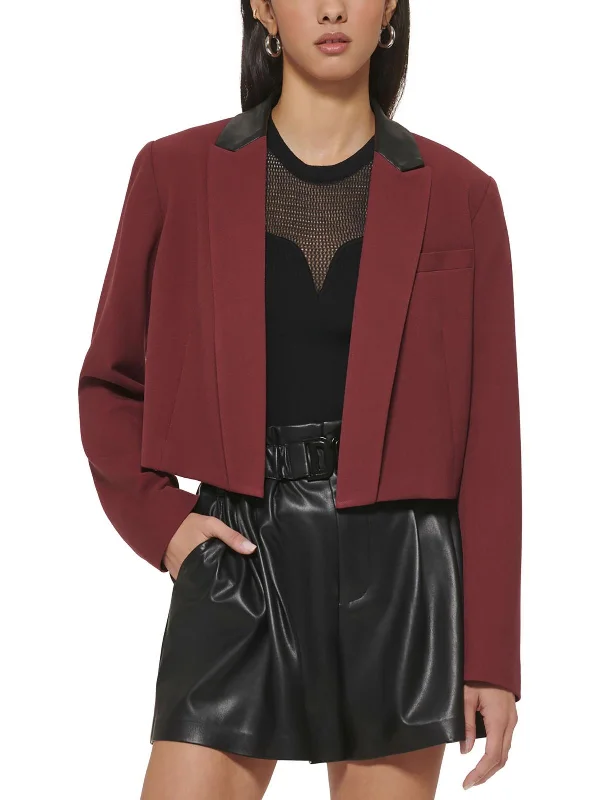 Season Transition Versatile Wear Clearance Womens Faux Leather Trim Crop Open-Front Blazer