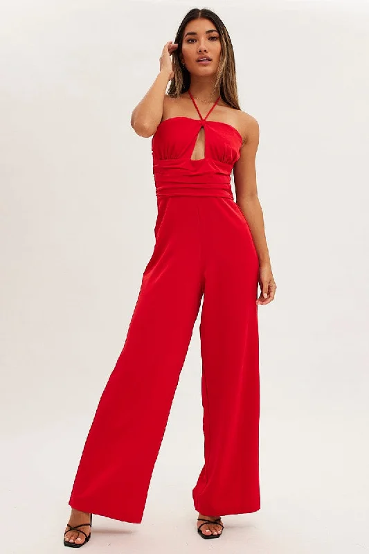 Dreamy Draping Red Keyhole Jumpsuit Slinky Wide Leg