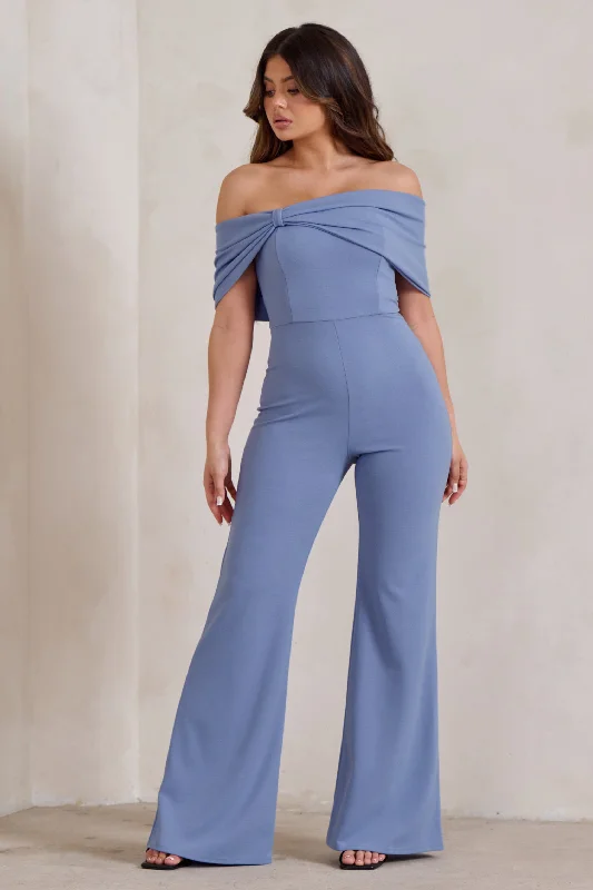 Trendy Pulse Zoey | Blue Bardot Bow Detail Jumpsuit