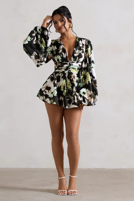 Casual Chic Katsura | Black Floral Print Satin Plunge-Neck Playsuit