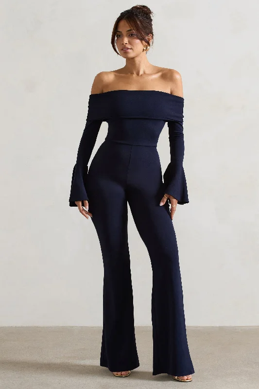 Timeless Elegant Shauna | Navy Bardot Long-Sleeve Flared Jumpsuit