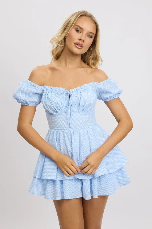 Feminine Allure Blue Check Ruffle Playsuit Short Sleeve