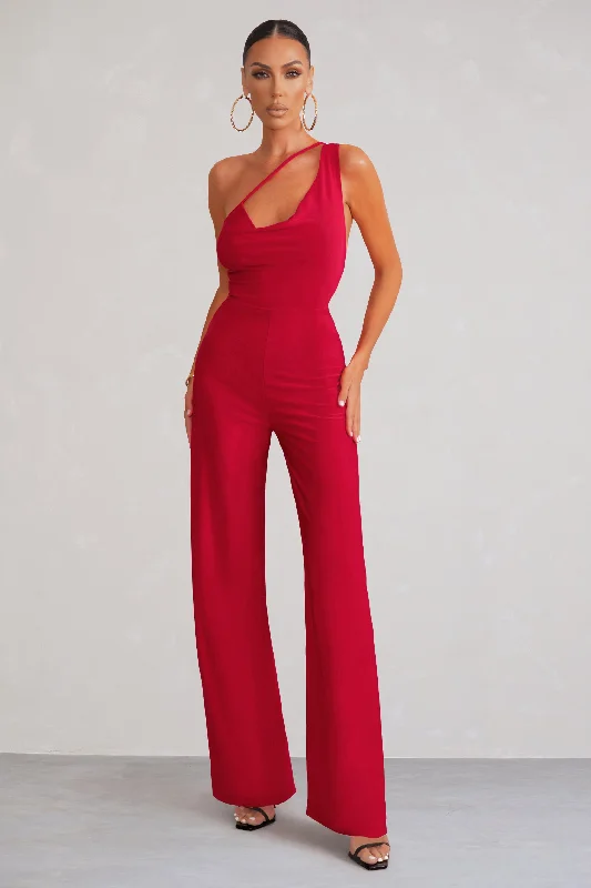 Insane Discount Onslaught Vienna | Red Asymmetric Cowl Neck Wide Leg Jumpsuit With Open Back Detail