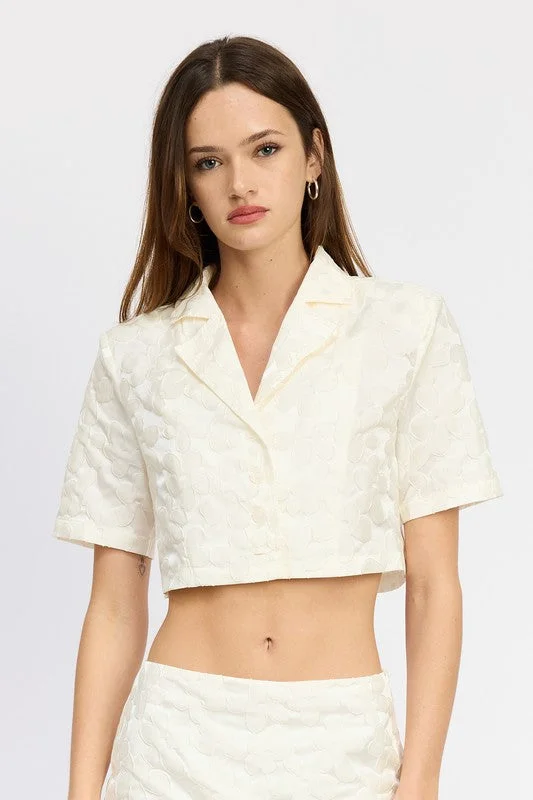 Seasonal Fashion Hot Girl White Orchid Flower Embroidered Cropped Short Sleeve Shirt