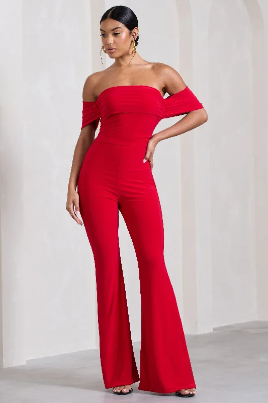 Stylish Looks Red Carpet | Red Bardot Ruched Draped Jumpsuit