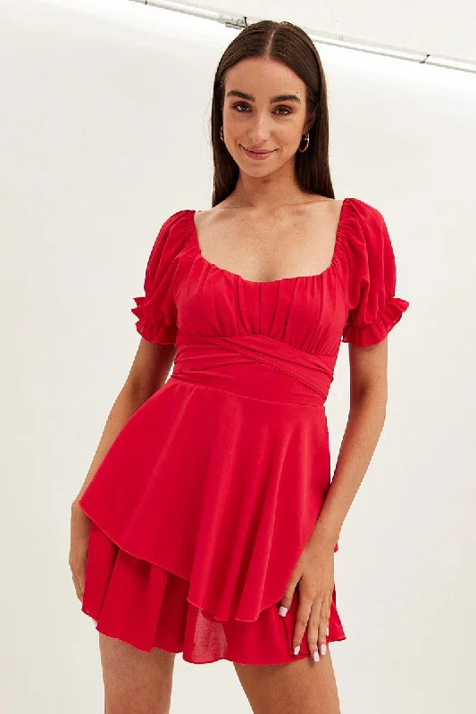 Evening Looks Red Playsuit Short Sleeve V Neck Tie Waist