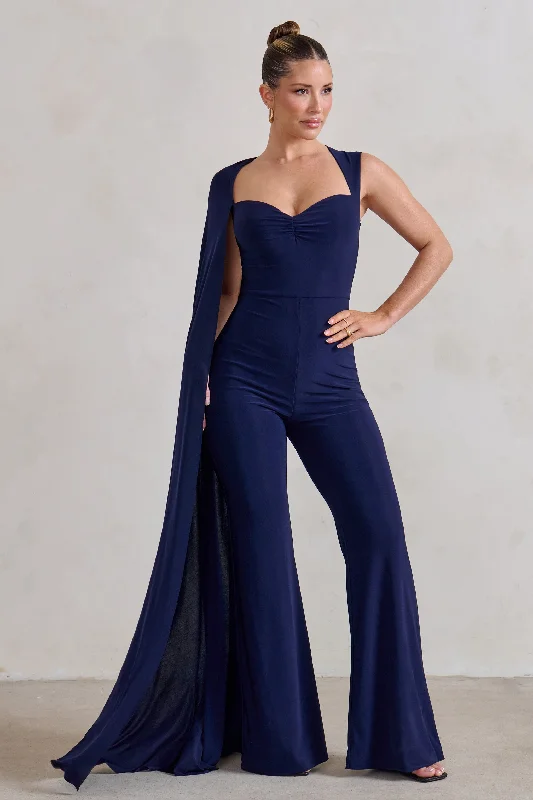 Style Versatile Women's Collection Vivi | Navy Asymmetric Cape Sleeve Jumpsuit