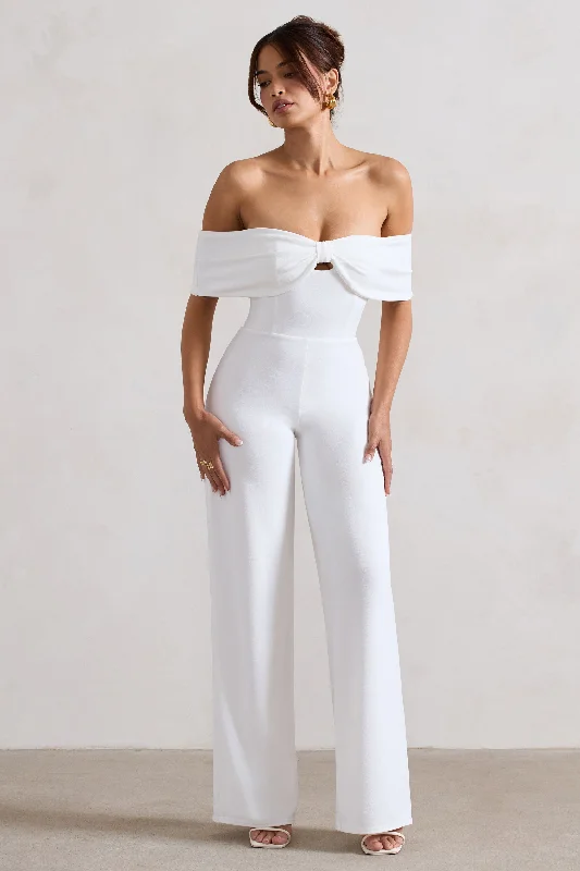 Feminine Elegant Harleen | White Bow Bardot Wide-Leg Jumpsuit