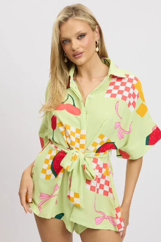 Feminine Elegant Green Abstract Oversized Playsuit