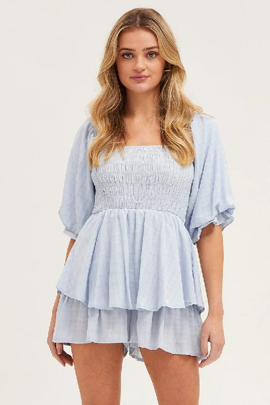 Romantic Date - Night Ensemble Blue Playsuit Short Sleeve Square Neck