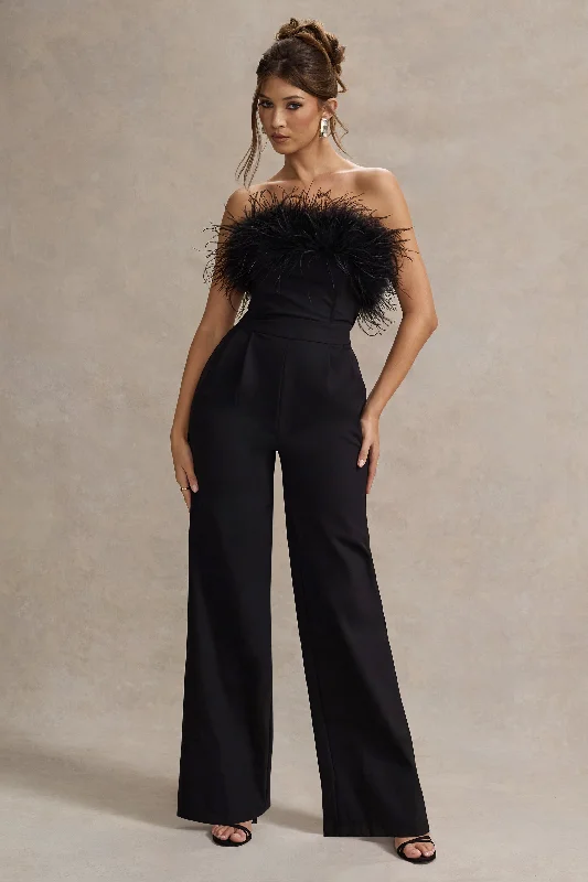 Vintage Charm Delta | Black Feather Bandeau Wide-Leg Jumpsuit