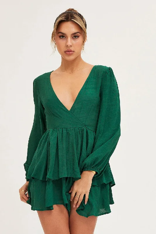 Update With Cottagecore Styles Green Playsuit Long Sleeve V Neck