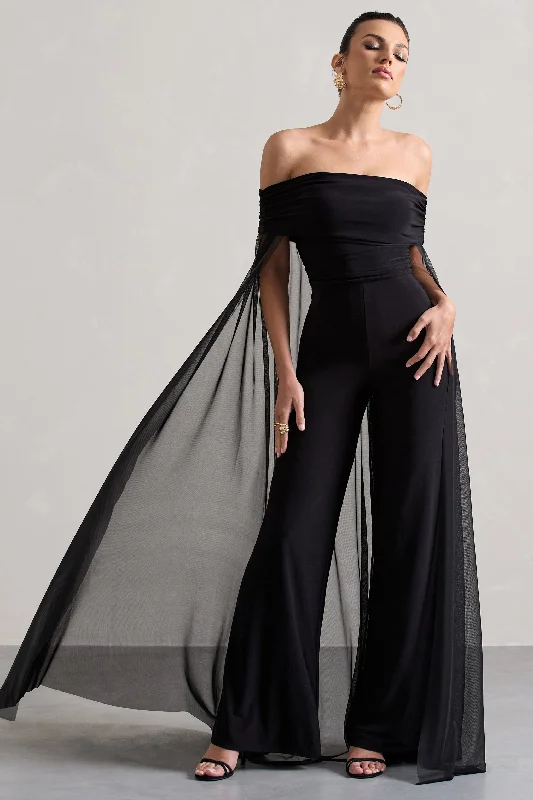 Flowing Silhouette Zita | Black Bardot Jumpsuit With Chiffon Cape