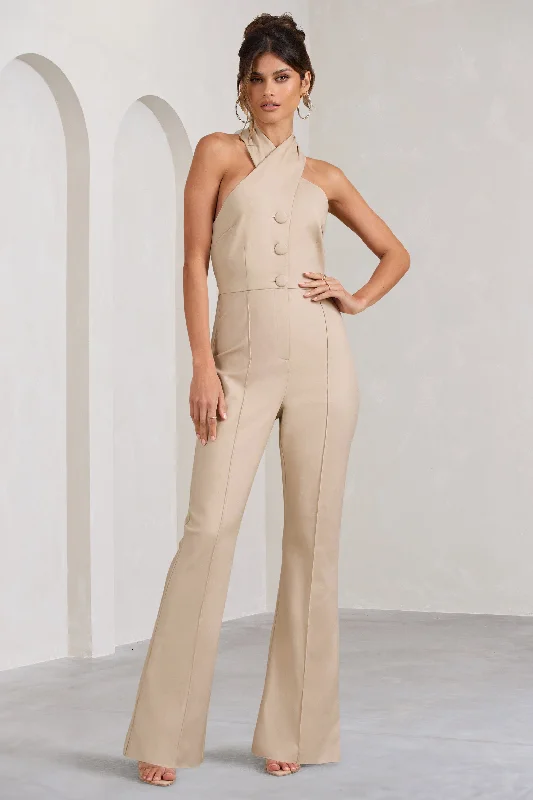 Trendy Street Style Attire Don't Cross Me | Stone Halter Neck Tailored Buttoned Sleeveless Jumpsuit