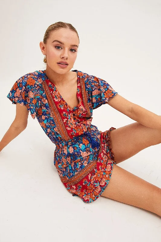 Trend Alert Boho Print V-Neck Playsuit Short Sleeve