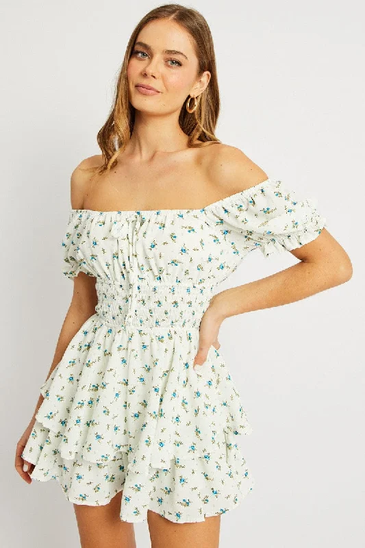 Seasonal Trend White Ditsy Ruffle Playsuit Short Sleeve Ruched Bust