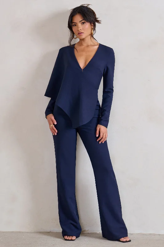 Comfortable Chic Erika | Navy Plunge Jumpsuit with One-Shoulder Cape Overlay