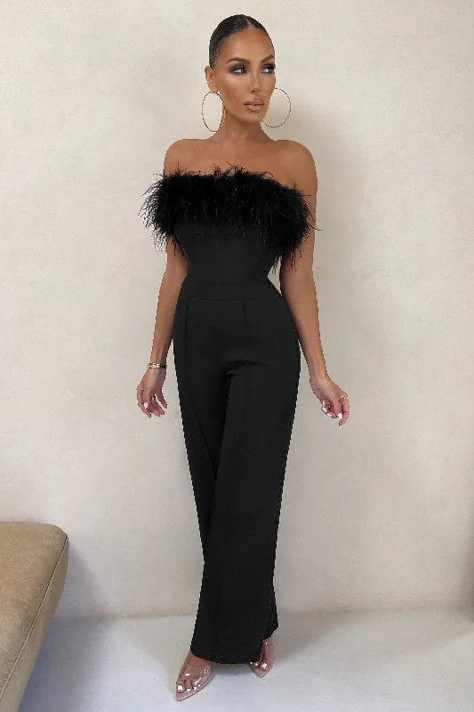 Save Big First Class | Black Bandeau Feather Wide Leg Jumpsuit