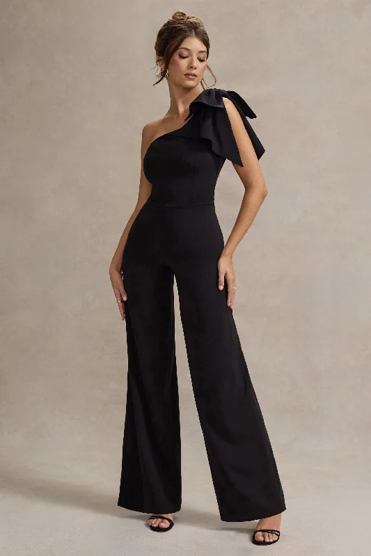 Sleek Design Orilla | Black One-Shoulder Wide-Leg Jumpsuit With Bow