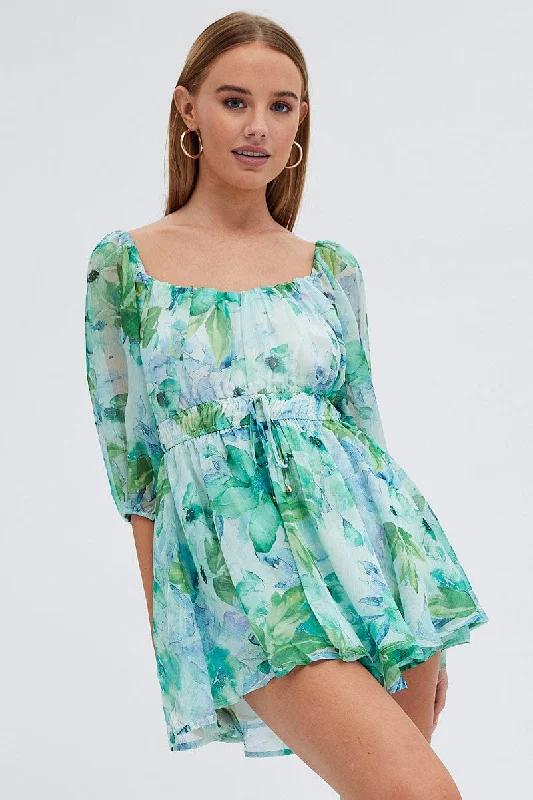 Limited - Edition Drops Green Floral Playsuit Short Sleeve Floral Print Chiffon